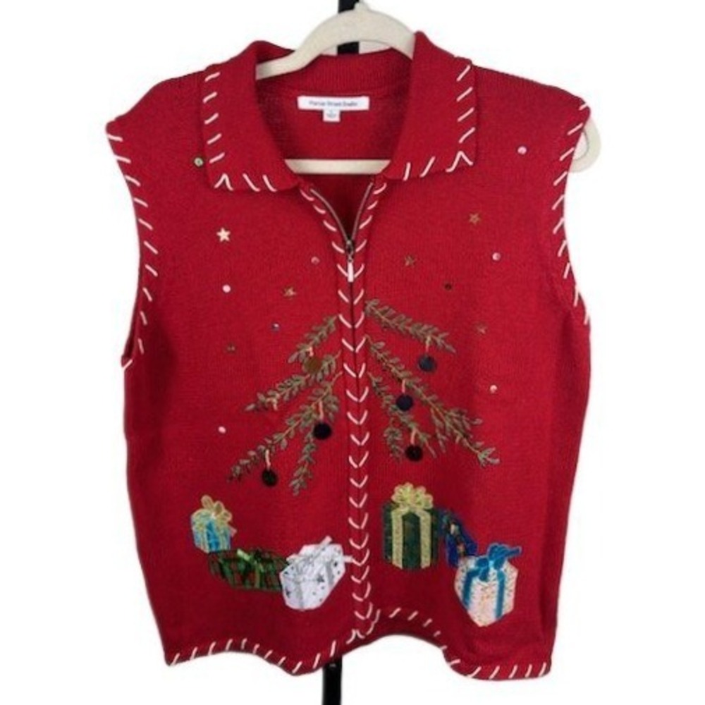 Vintage Mercer Street Sweater Vest Women's Size Large Red Christmas Tree Zip